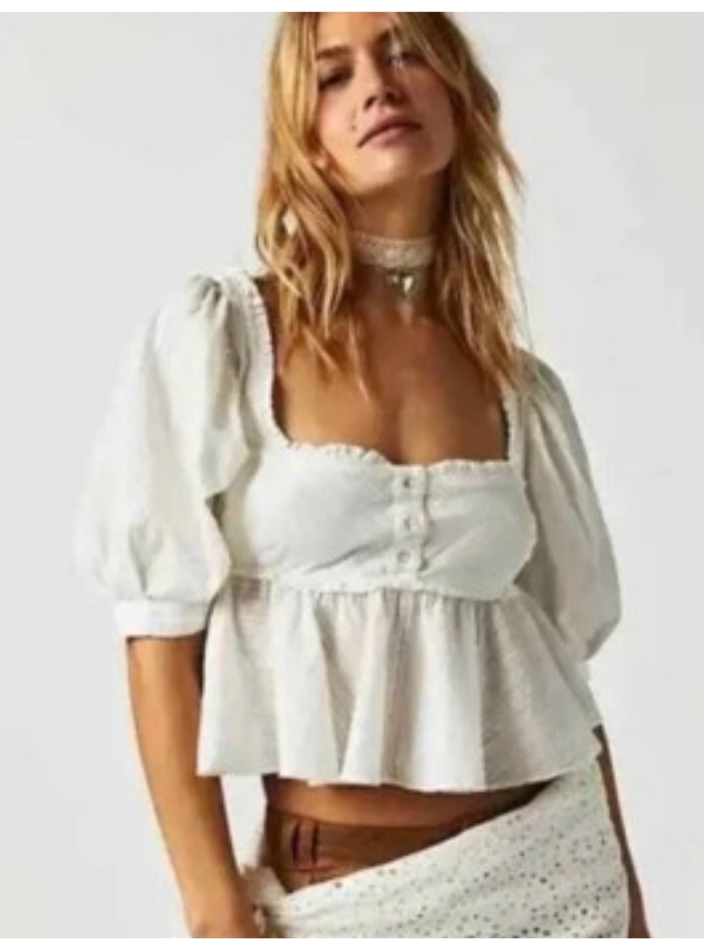 Free People Leave It To Me White Puff Sleeve Peplum Blouse Top Cropped Size XS